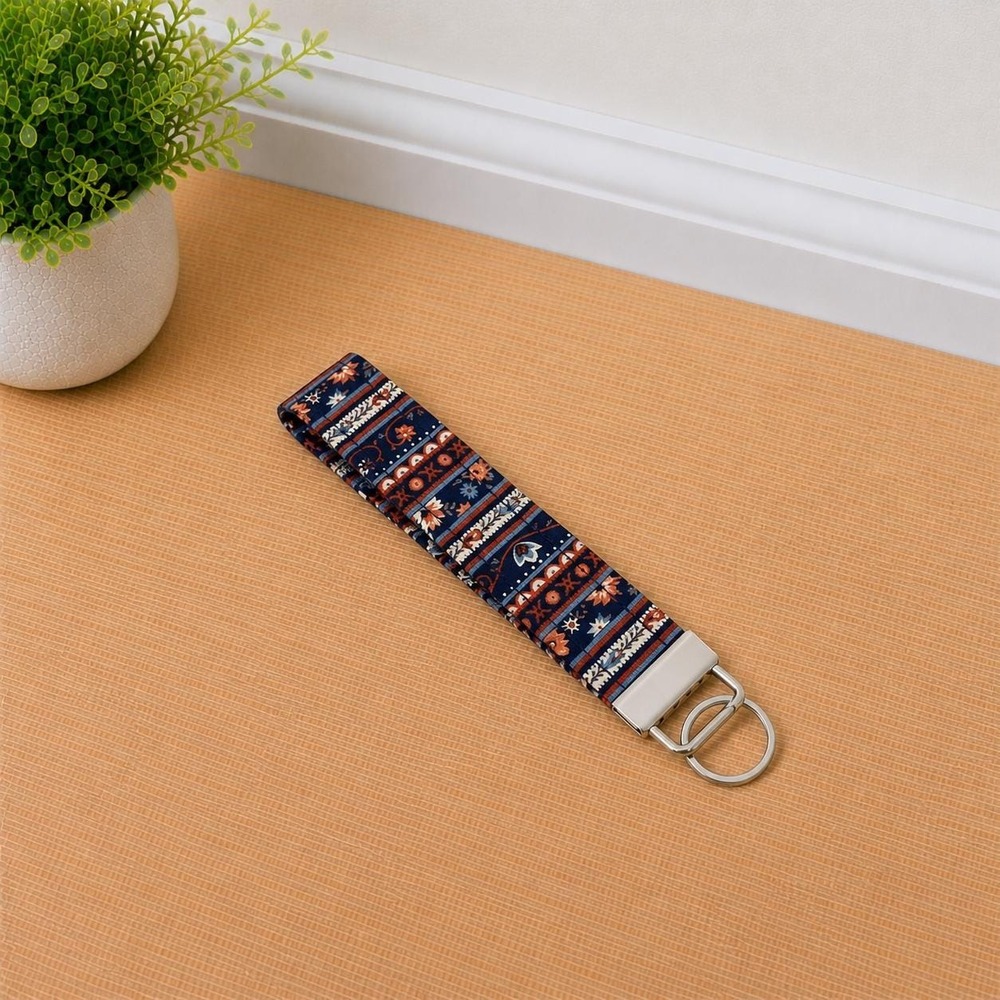 Boho Floral Wristlet Keychain, Navy Fabric Key Fob, Handmade Keychain Strap